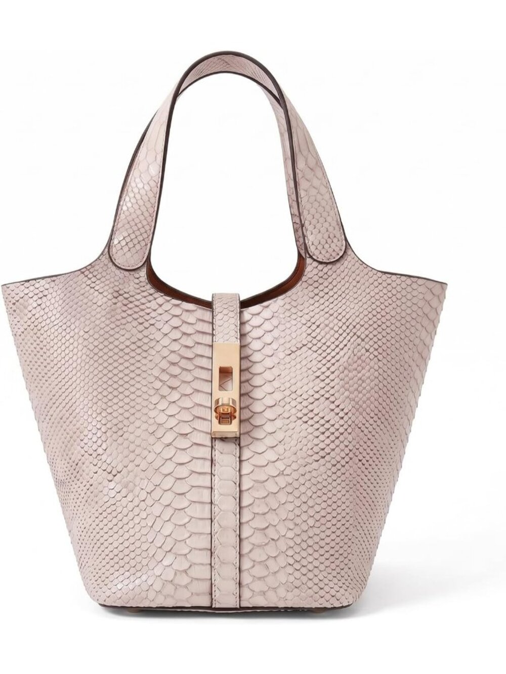 Women's Beige Vegan Leather Satchel Tote Handle Lock Design Bucket Purse